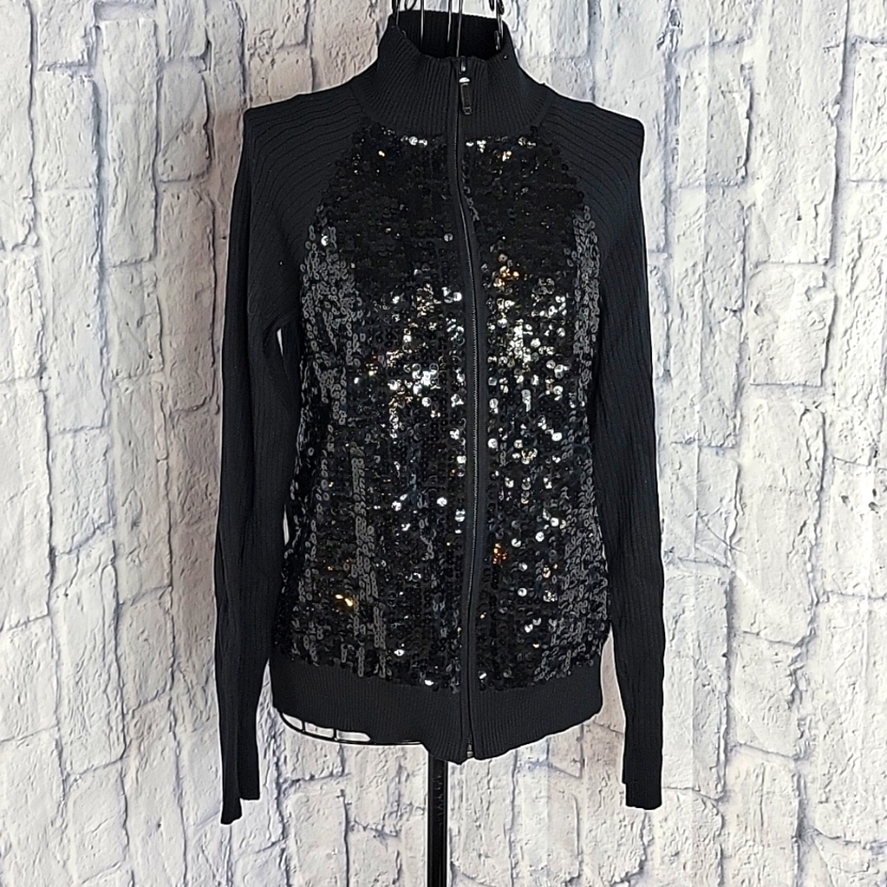 CHICO'S Black Sequined Part‎ Silk Sweater Small